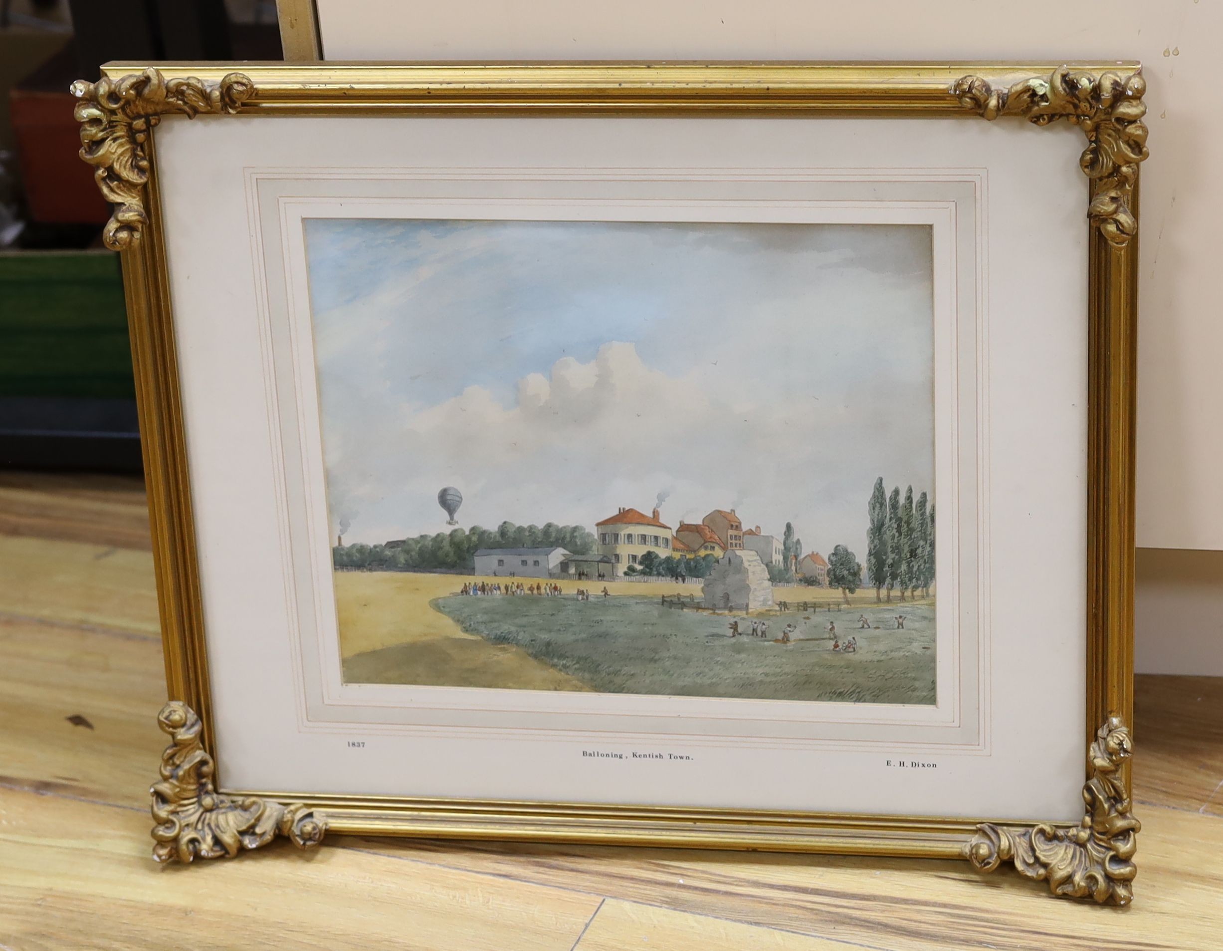 E.H Dixon, watercolour, 'Ballooning, Kentish Town', signed and dated 1831, label verso , 26 x 32cm